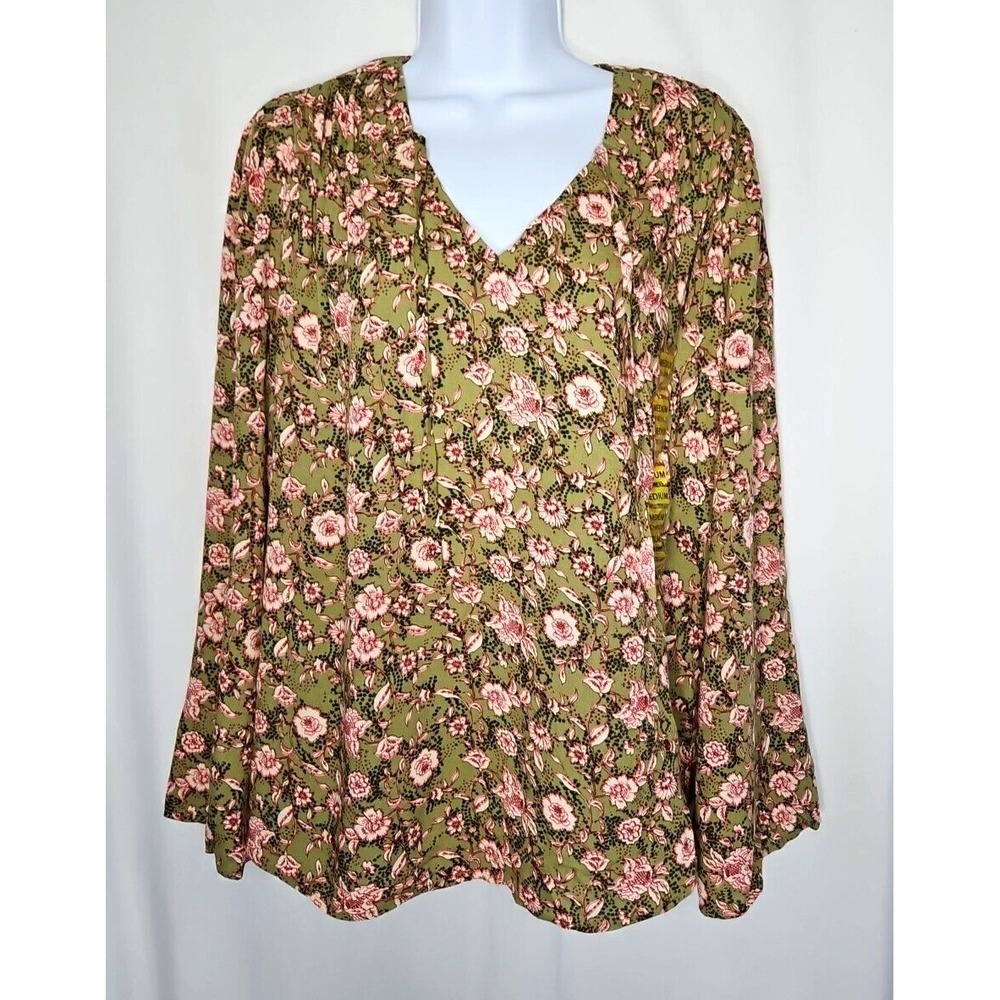 Jessica Simpson Women's Green Floral Long Sleeve V-Neck Blouse Size Medium